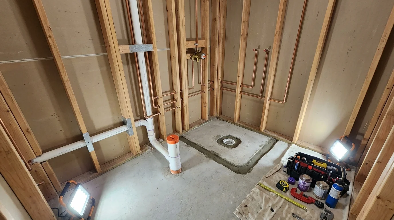 Bathroom rough-in plumbing during remodel by Johns Plumbing LLC in Oley