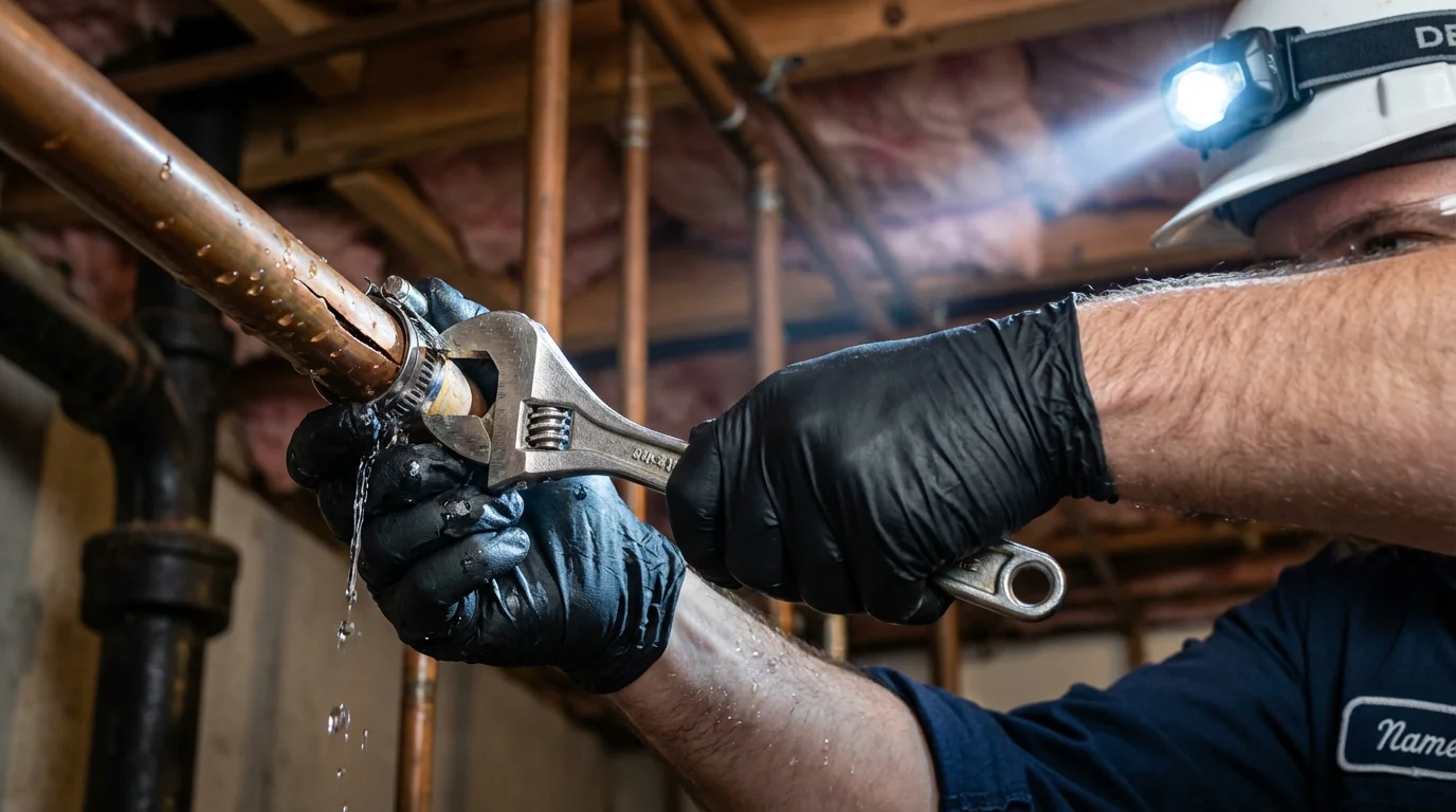 Emergency pipe clamp repair being performed by a Johns Plumbing LLC plumber in Oley