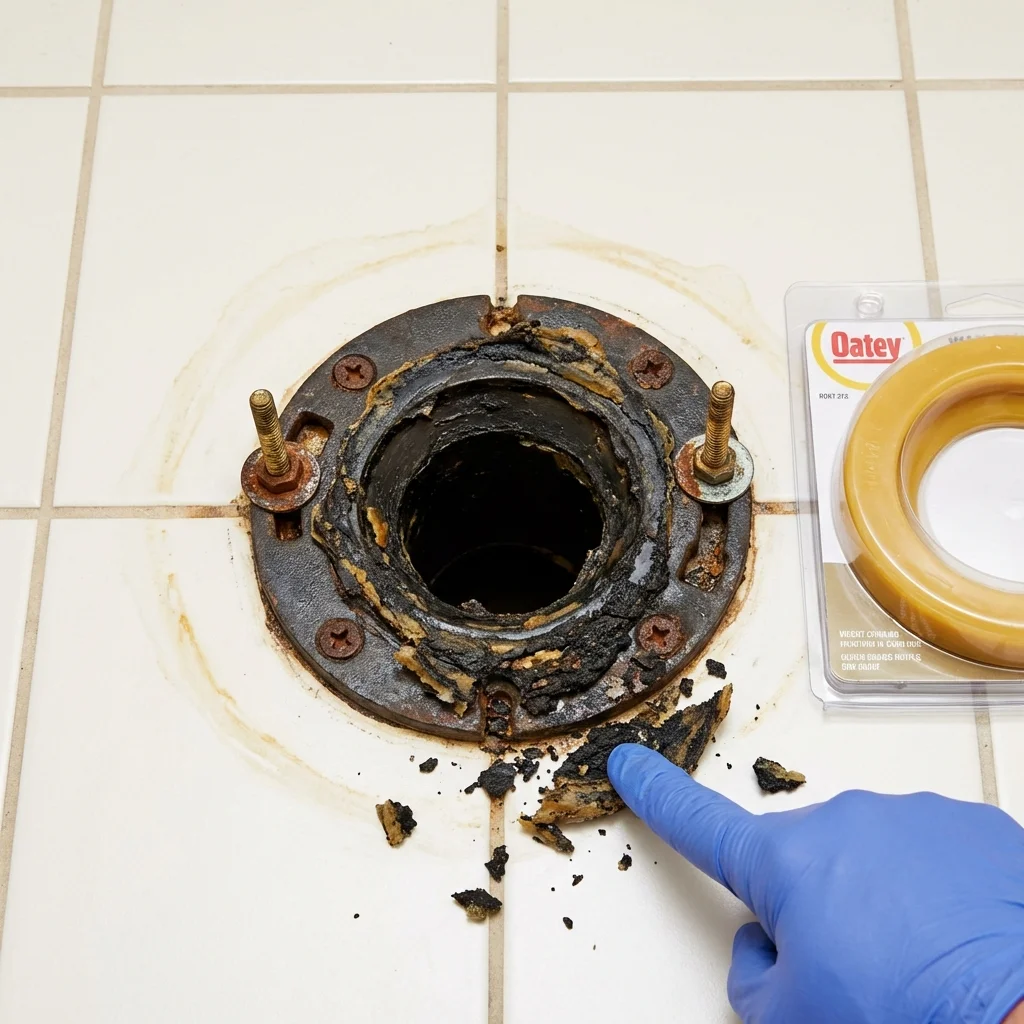 Failed wax ring showing water seepage at the base of a toilet in a Oley, PA home
