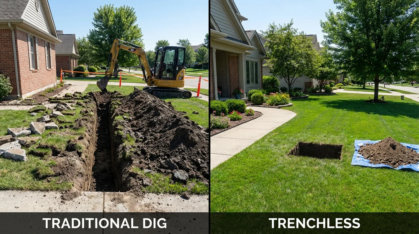 Trenchless sewer repair with minimal yard damage versus traditional excavation in Oley, PA