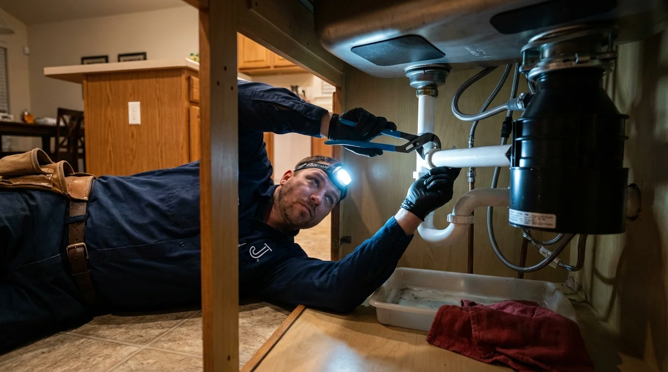 P-trap and supply line connections under a kitchen sink showing a common leak point in Oley, PA